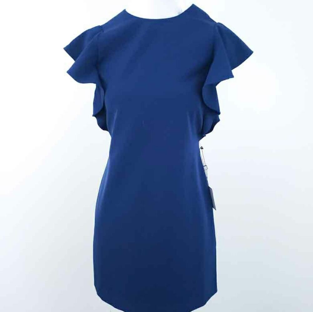 NEW Laundy Shelli Segal Navy Blue Career Dress 0 Ruffle Sleeveless Work Date